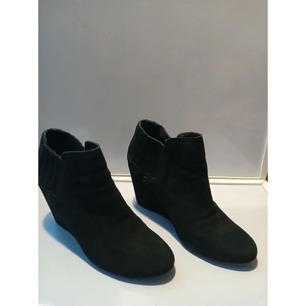 Black Suede Wedge‎ Ankle Boots Women's Elastic Side Zip Heel Shoes
